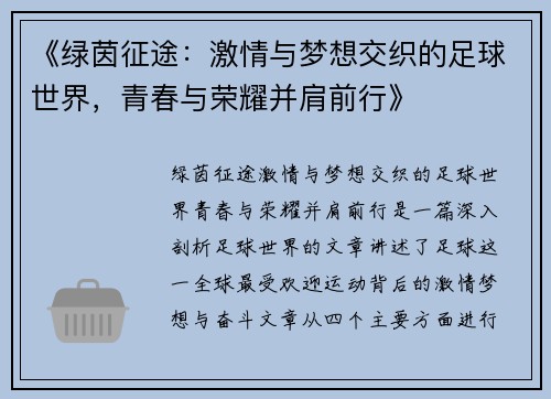 《绿茵征途：激情与梦想交织的足球世界，青春与荣耀并肩前行》