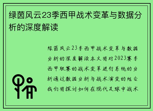 绿茵风云23季西甲战术变革与数据分析的深度解读