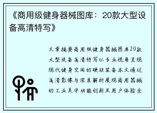 《商用级健身器械图库：20款大型设备高清特写》