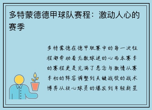 多特蒙德德甲球队赛程：激动人心的赛季